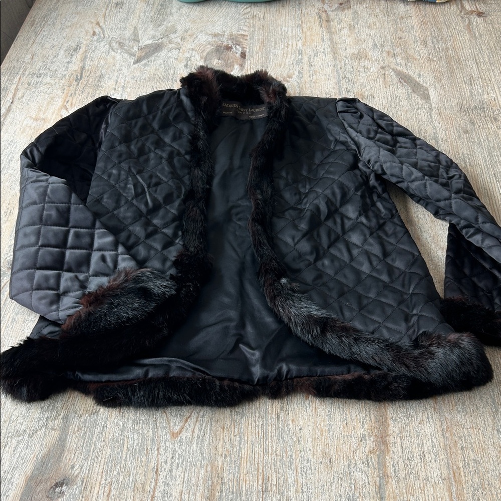 Elegant Vintage Jacques Saint Laurent Black Quilted Jacket with Rabbit Fur Trim